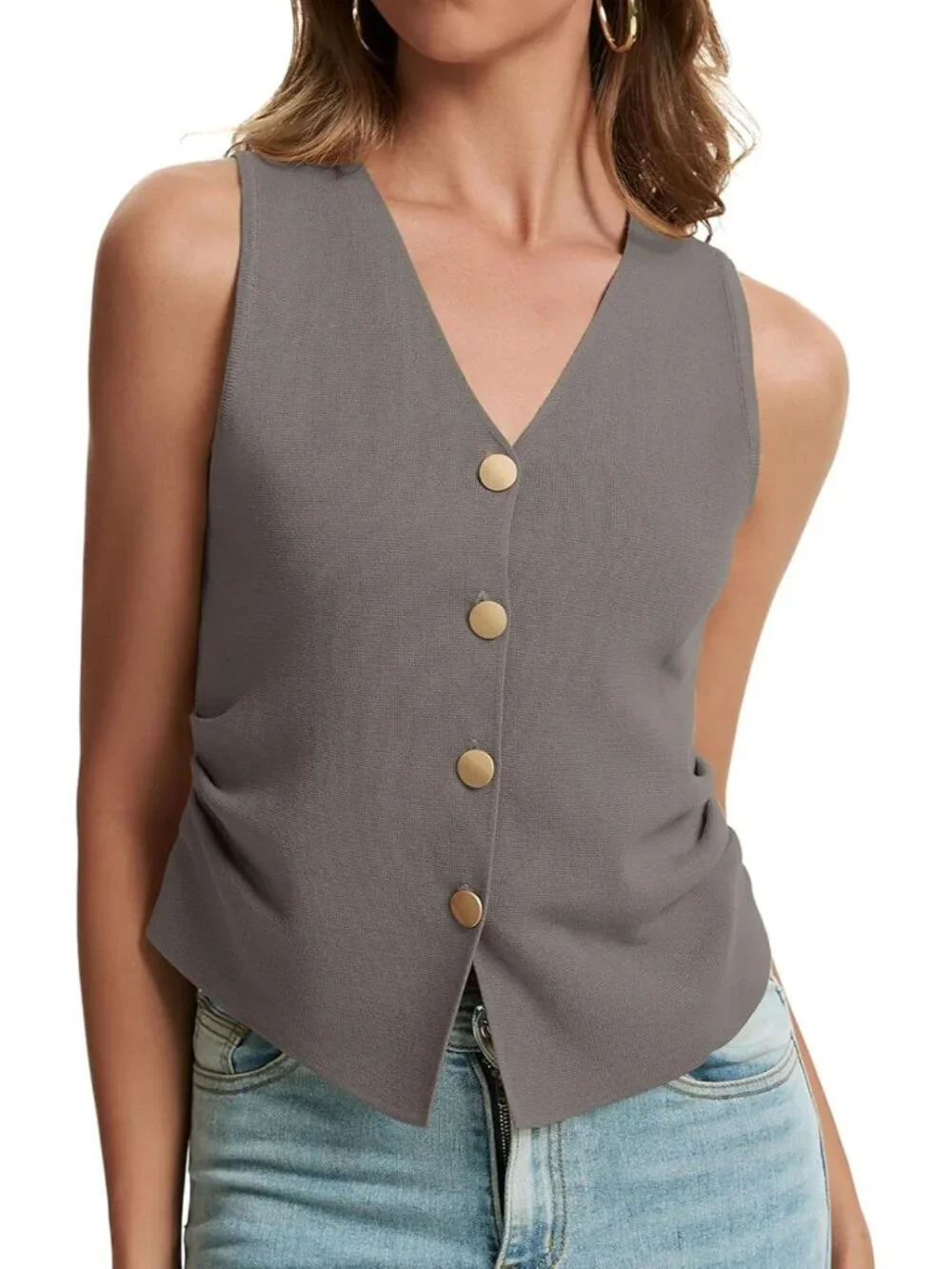 Women's Taupe Sleeveless Button Up Knit Imported Casual Sweater Vest Tank Tops